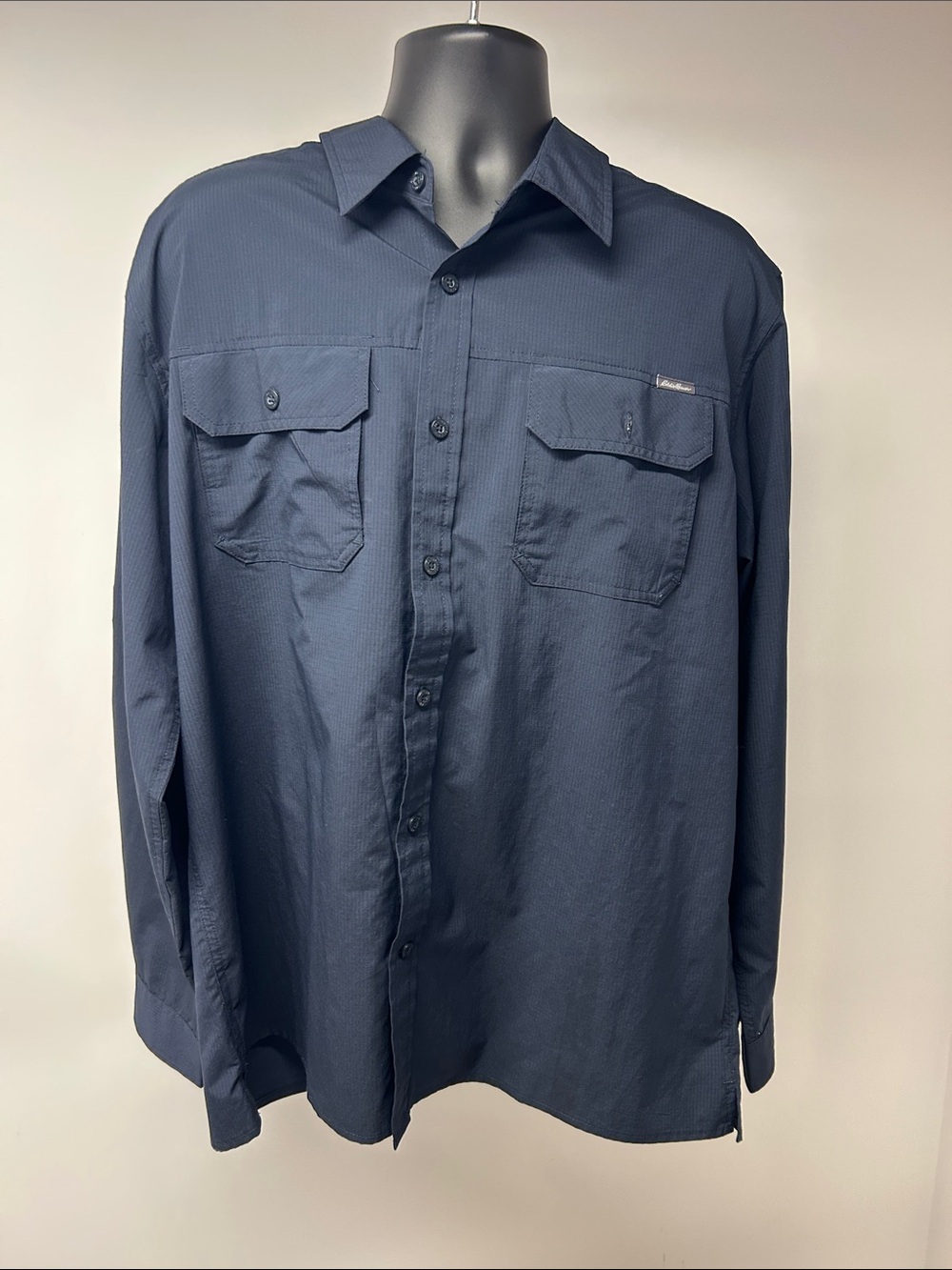 Eddie Bauer Mens Ripstop Long Sleeve Button Down Shirt Dark Navy Blue Large